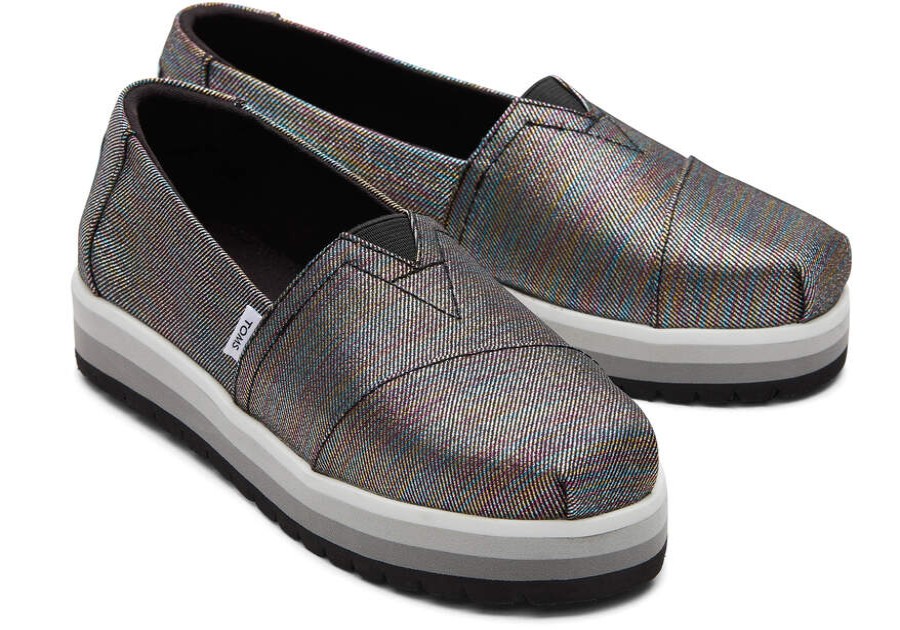 TOMS Prints & Patterns | Youth'S Black Glimmer Twill Alp Platform Alpargatas | Toms