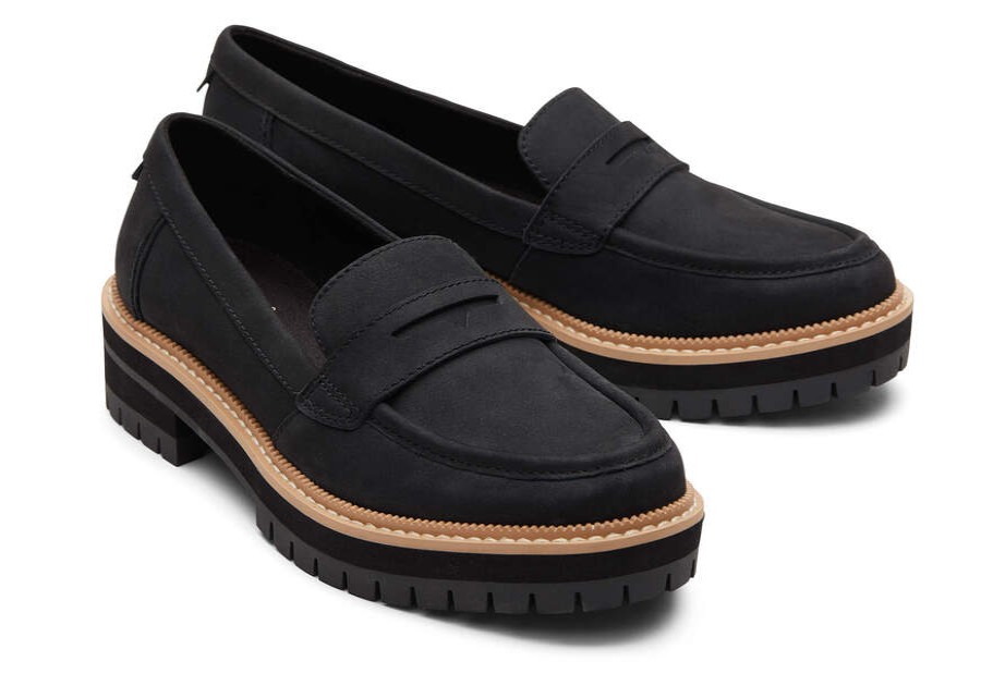 TOMS Dress Casual | Women'S Black Leather Cara Lug Loafer | Toms