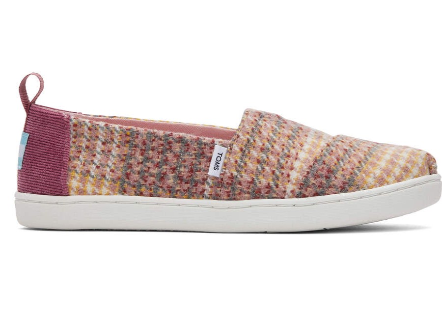 TOMS Prints & Patterns | Youth'S Pink Plaid Tweed Cord Alpargatas | Toms