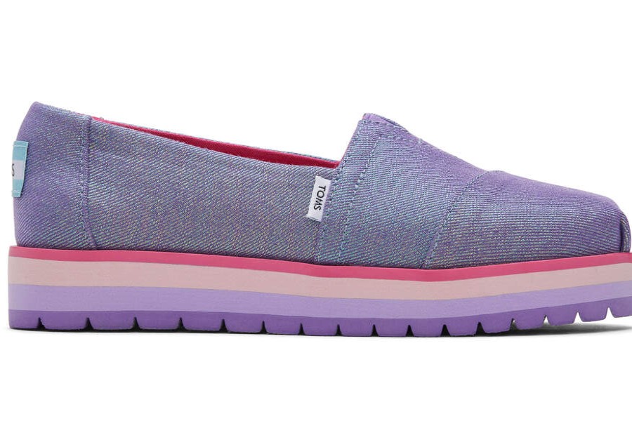 TOMS Prints & Patterns | Youth'S Purple Glimmer Twill Alp Platform Alpargatas | Toms