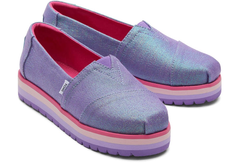 TOMS Prints & Patterns | Youth'S Purple Glimmer Twill Alp Platform Alpargatas | Toms