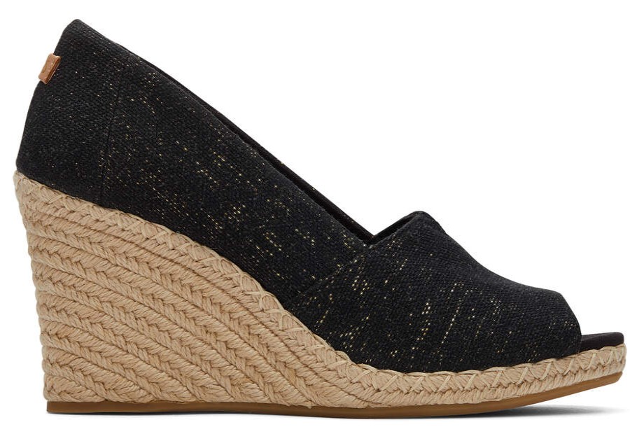 TOMS Espadrilles | Women'S Black Metallic Michelle Metallic Linen Peep Toe Wedge Heel | Toms