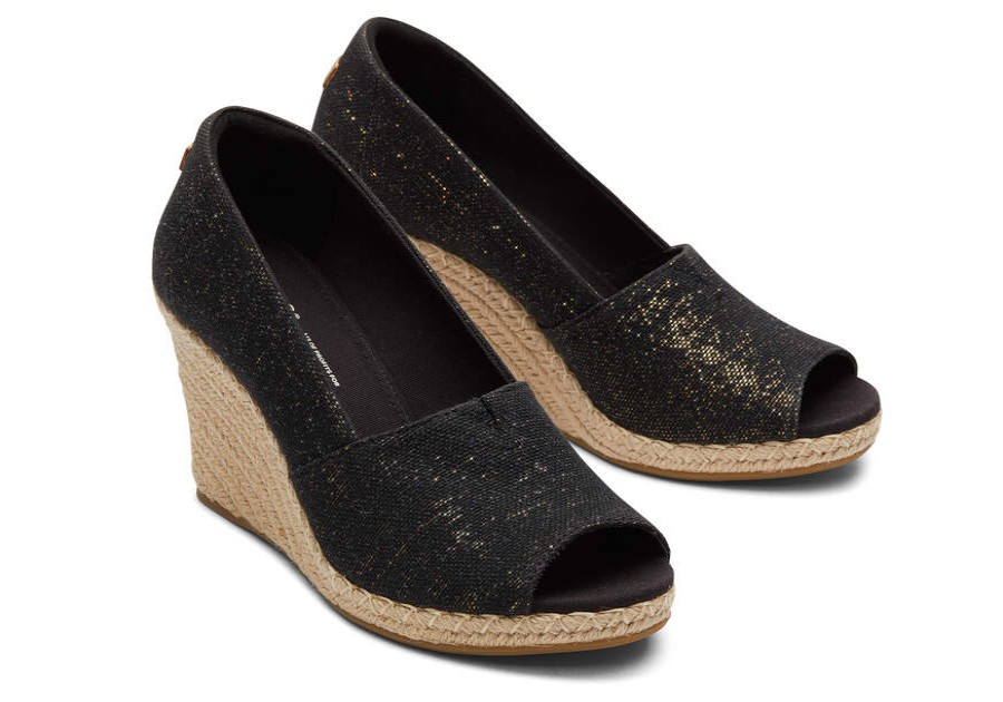 TOMS Espadrilles | Women'S Black Metallic Michelle Metallic Linen Peep Toe Wedge Heel | Toms