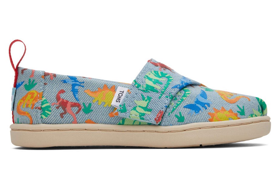 TOMS Prints & Patterns | Tiny Pastel Blue Washed Denim Dinomite Dinos Alpargata | Toms