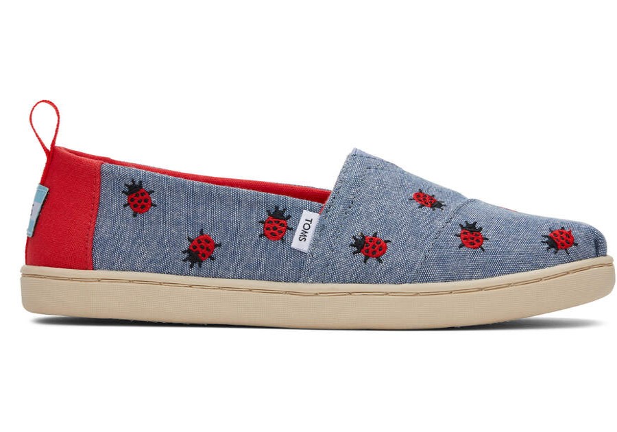 TOMS Prints & Patterns | Youth Chambray Embroidered Lucky Ladybugs Alpargata | Toms