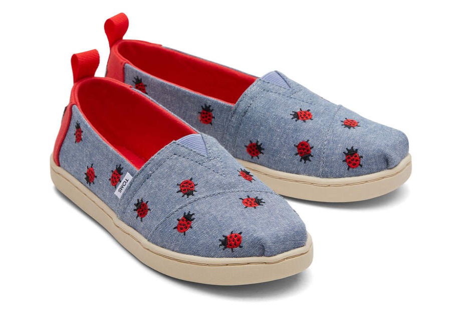 TOMS Prints & Patterns | Youth Chambray Embroidered Lucky Ladybugs Alpargata | Toms