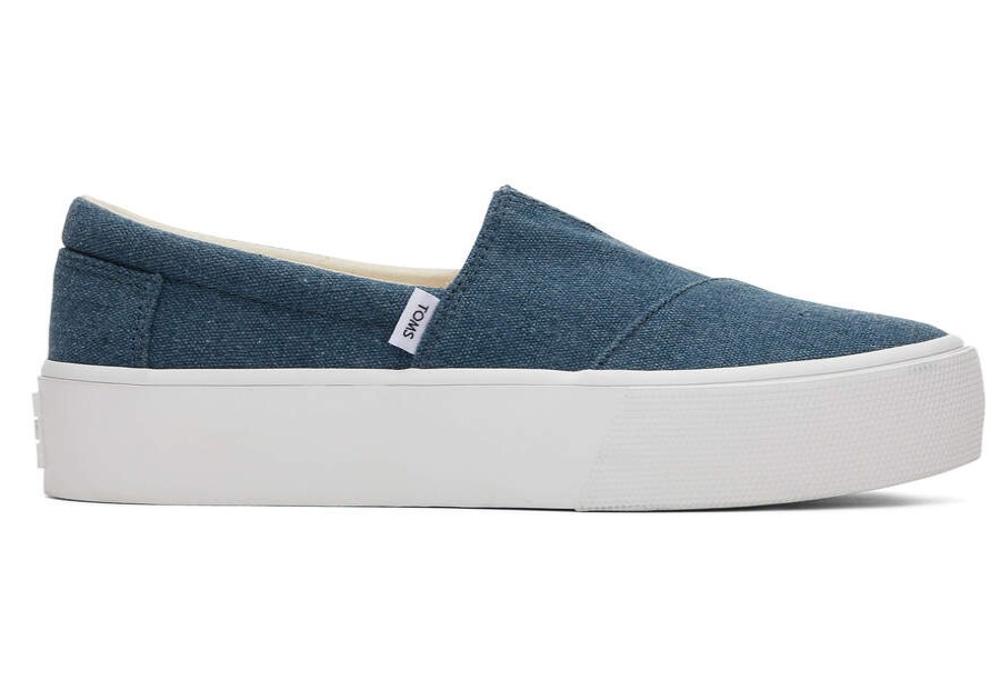 TOMS Platforms | Women'S Blue Washed Canvas Fenix Platform Slip-On Sneakers | Toms