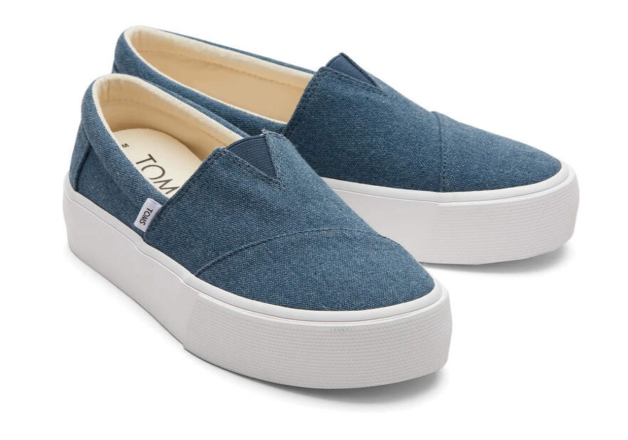 TOMS Platforms | Women'S Blue Washed Canvas Fenix Platform Slip-On Sneakers | Toms