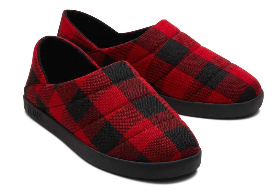 TOMS Prints & Patterns | Men'S Red Plaid Buffalo Plaid Fleece Ezra Slippers | Toms